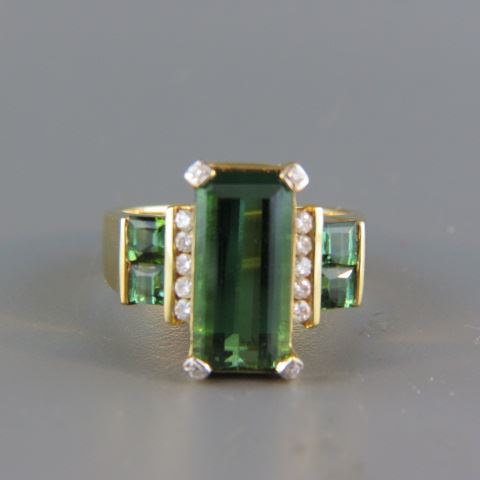 Appraisal: Green Tourmaline Diamond Ring emerald cut and square French cut