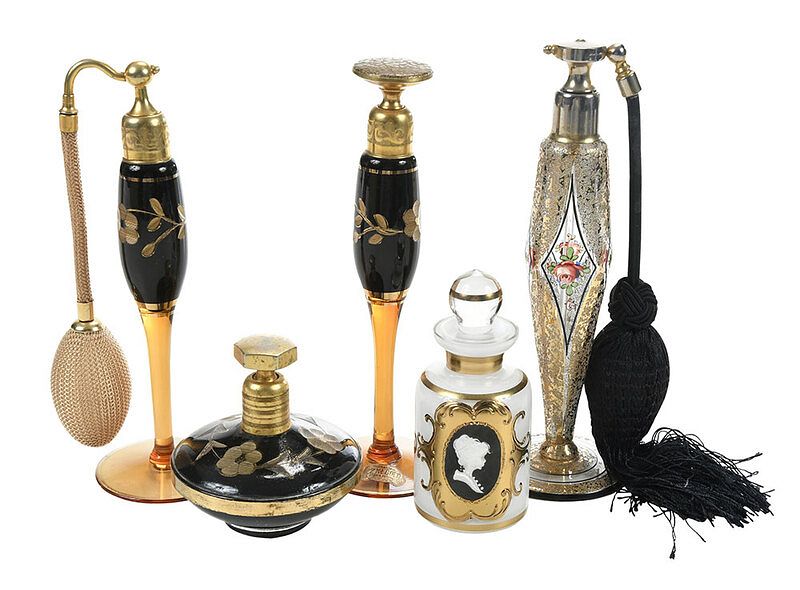 Appraisal: Five Black and Gilt Perfume and Atomizer Bottles possibly Imperial