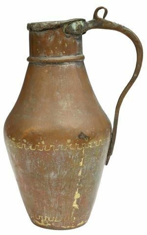 Appraisal: French copper wine jug th c dovetailed construction with forged