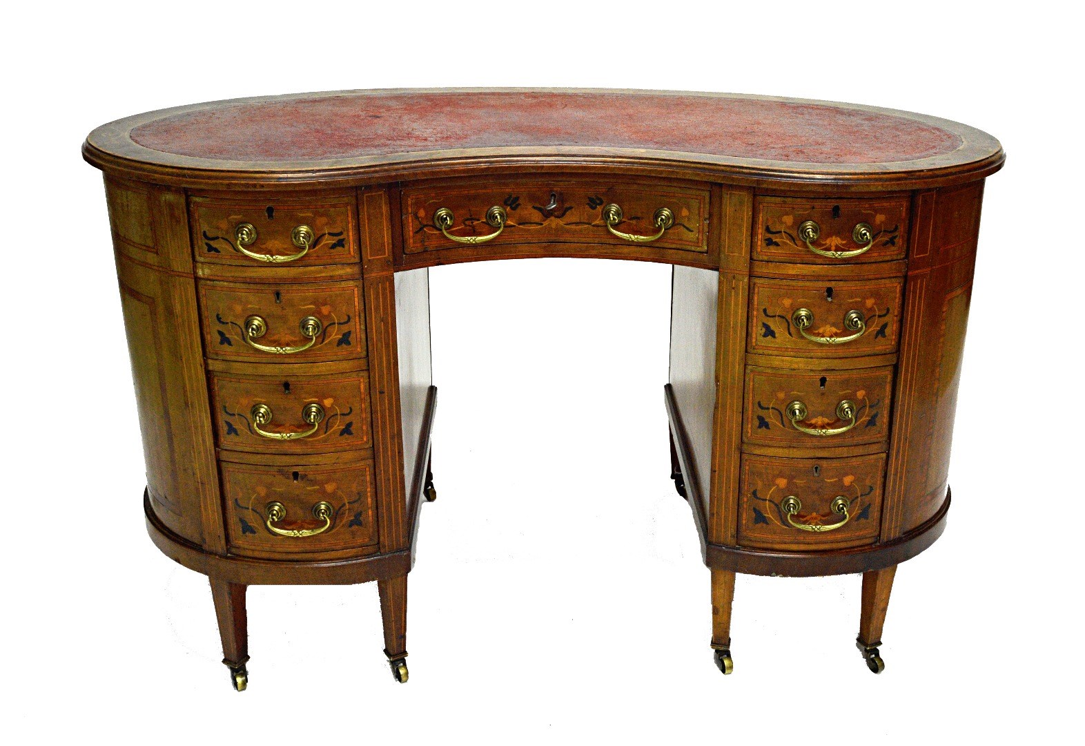 Appraisal: An Edwardian marquetry inlaid mahogany kidney shaped writing desk with