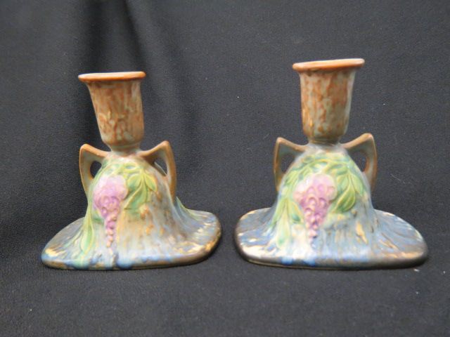 Appraisal: Roseville Pottery Wisteria Candlesticks original labels one has repaired neck