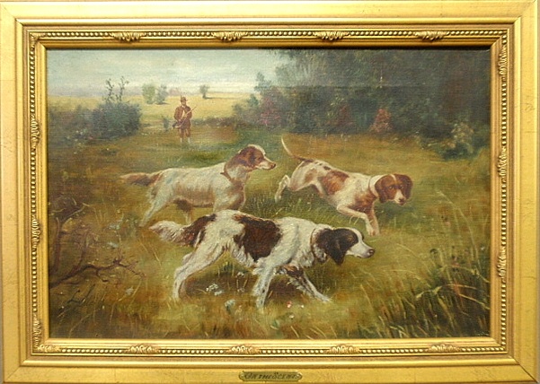 Appraisal: - Oil on canvas painting of hunting dogs and hunter