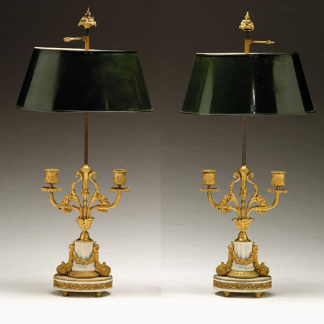 Appraisal: Pair of Louis XVI style bouillotte gilt bronze alabaster lamps