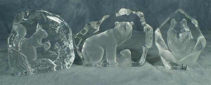 Appraisal: Three Malerias Sweden crystal sculptures bear with cub wolf squirrel