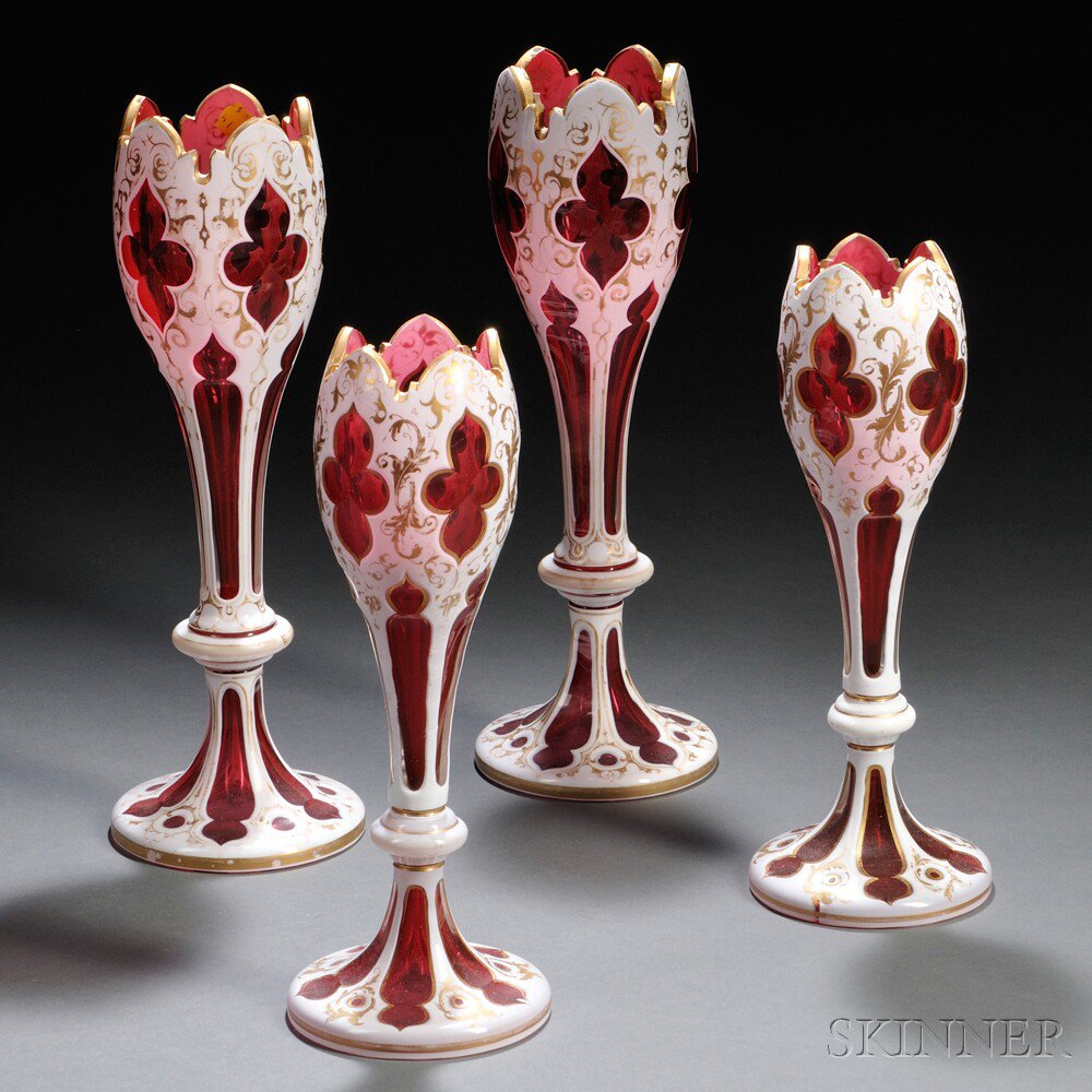 Appraisal: Two Pairs of Similar Bohemian Overlay Glass Tulip-form Vases th