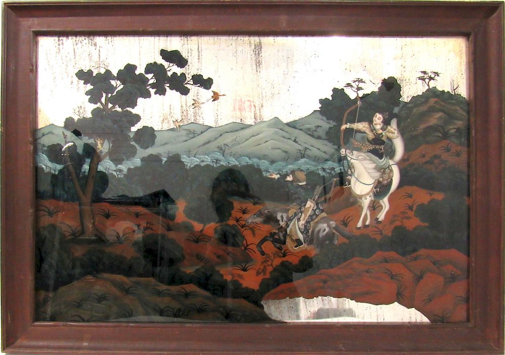 Appraisal: th Century Reverse Painted Chinese Export Mirror Depicting a man