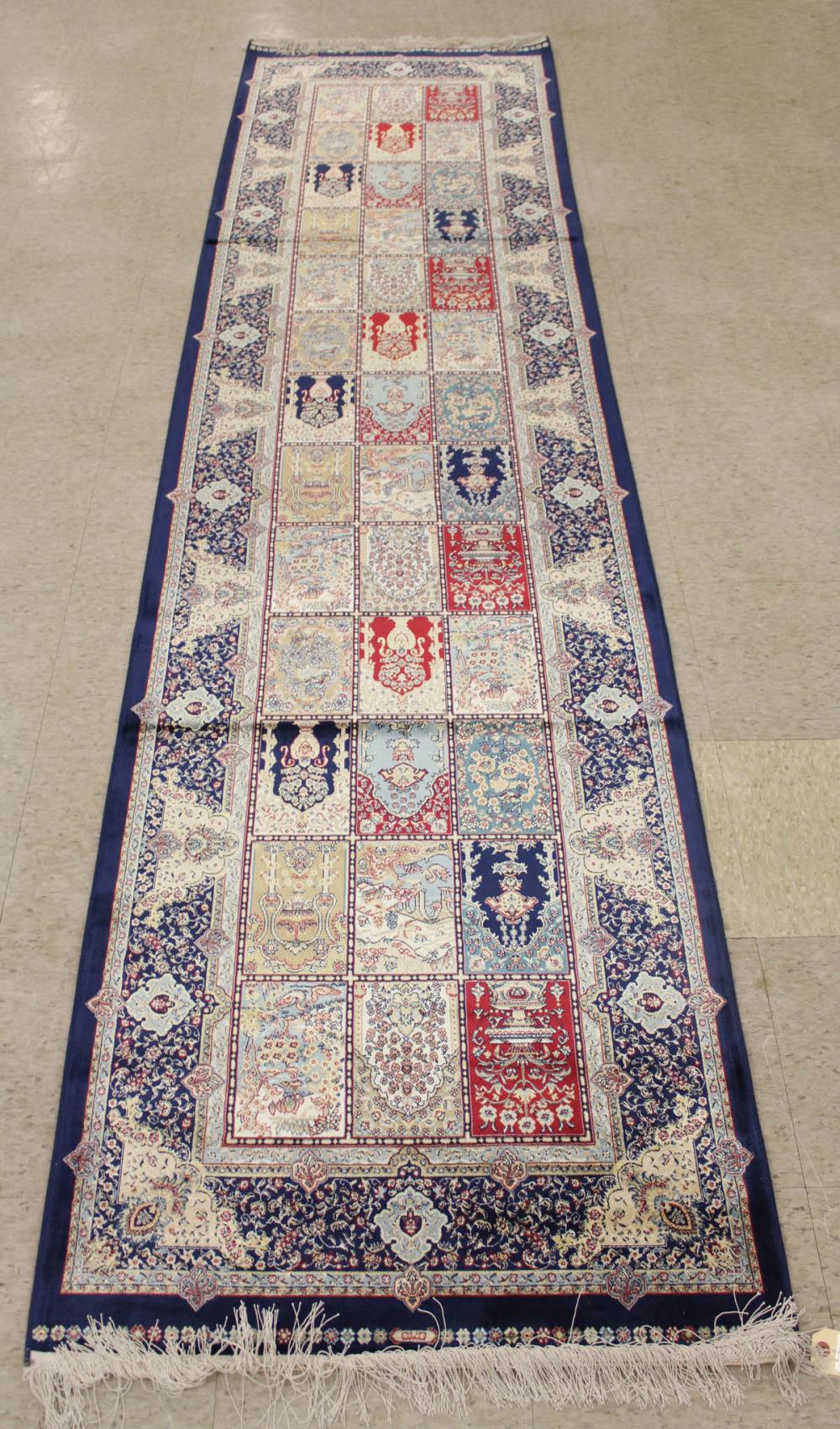 Appraisal: HAND KNOTTED TURKISH 'BAMBOO SILK' RUNNER repeating Saph prayer-panel design