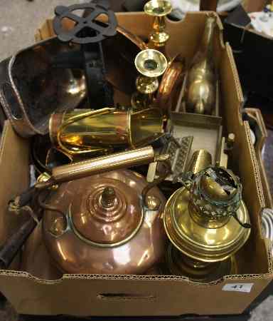 Appraisal: Tray of interesting Brass and Copper Candlesticks Saucepans Kettles Oil