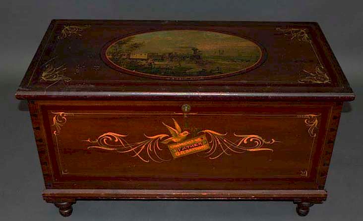 Appraisal: Paint Decorated Dovetailed Blanket Chest with Locomotive Paint Decorated Dovetailed