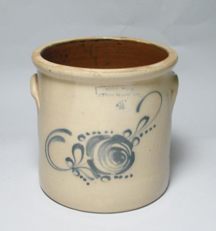 Appraisal: FOUR-GALLON STONEWARE HANDLED CROCK th CenturyWith stylized cobalt blue floral