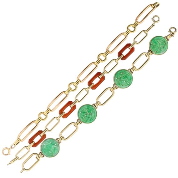 Appraisal: THREE ART DECO GOLD LINK BRACELETS Rose and yellow gold