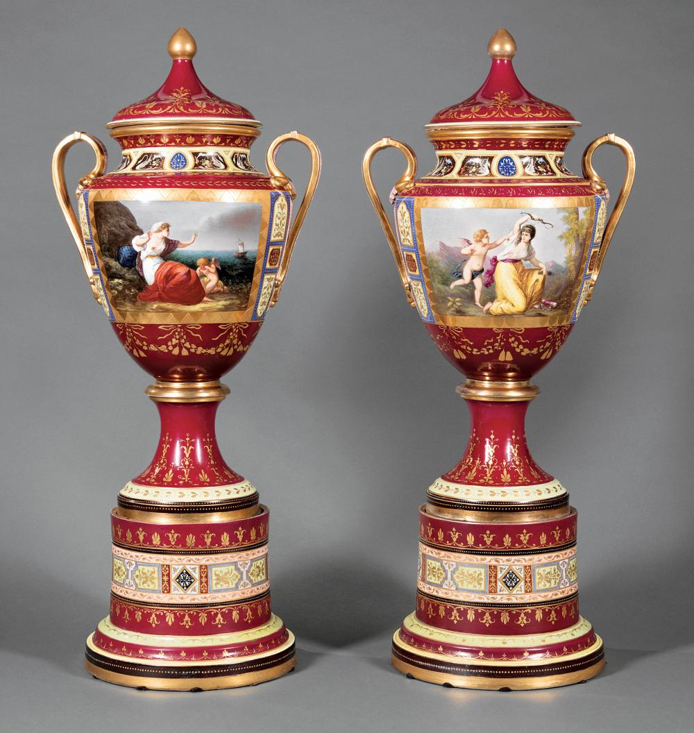 Appraisal: Pair of Large Continental Polychrome and Gilt-Decorated Covered Urns in