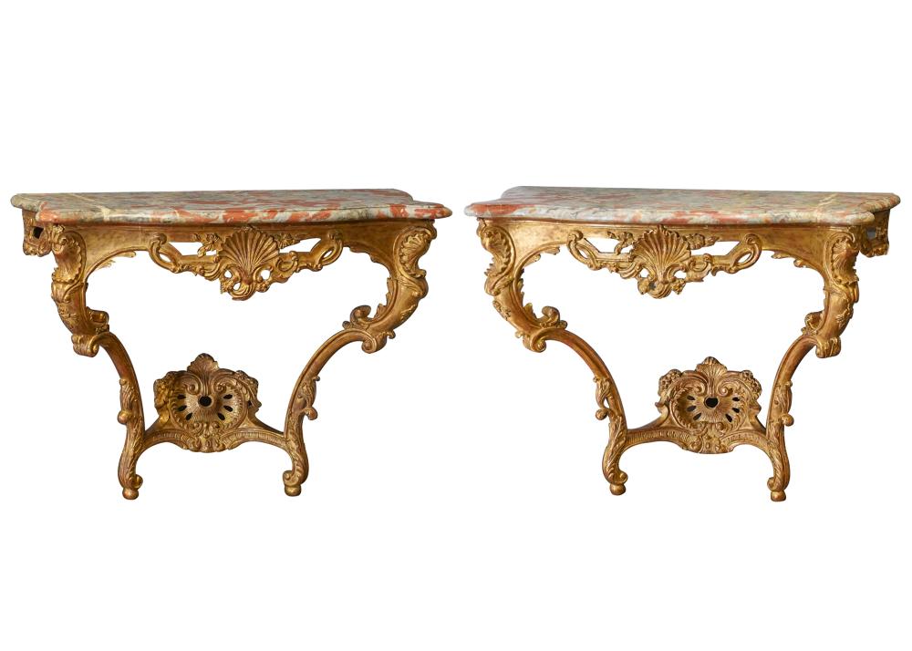 Appraisal: PAIR ROCOCO-STYLE GILTWOOD CONSOLES th century each with marble top