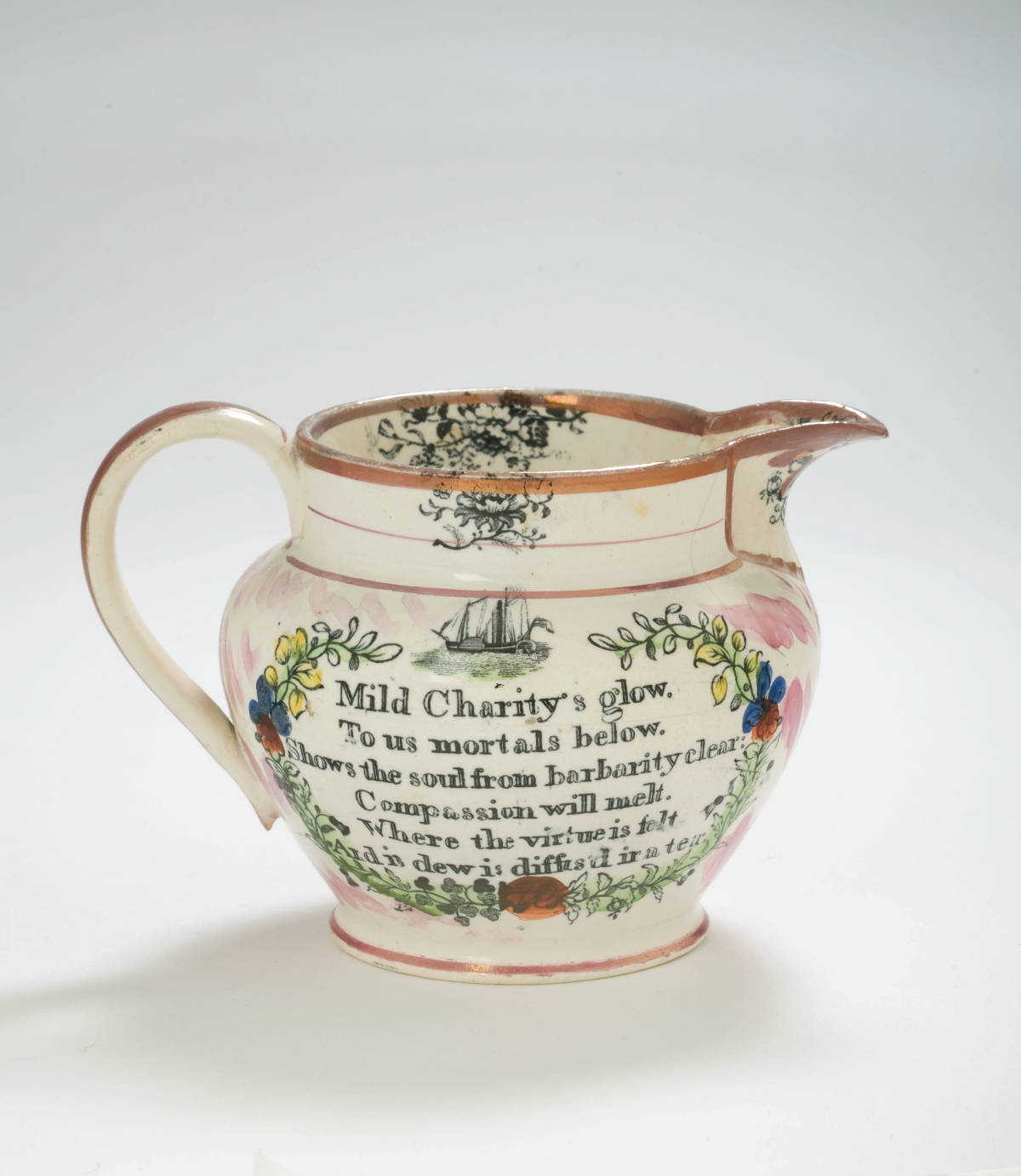 Appraisal: SUNDERLAND PINK LUSTRE ENAMEL-DECORATED AND BLACK TRANSFER-PRINTED JUG MOORE CO