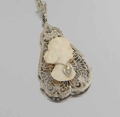 Appraisal: A Delicate Filigree and Cameo Pendant on Chain k white