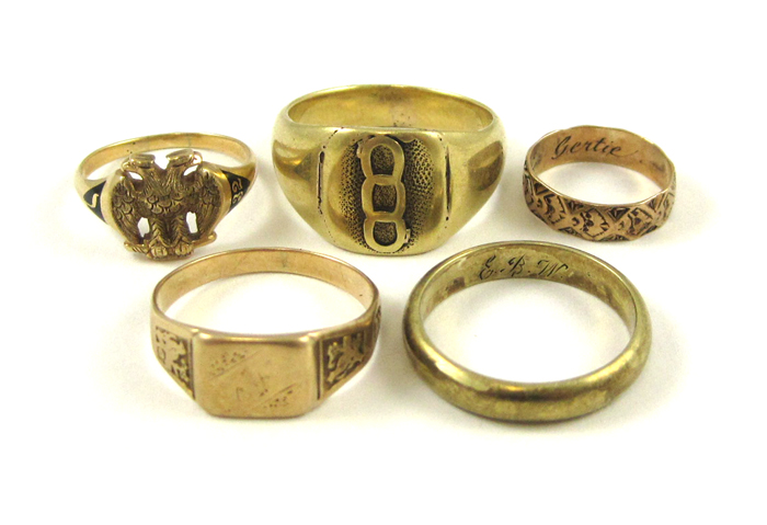 Appraisal: COLLECTION OF FIVE FOURTEEN KARAT GOLD RINGS together weighing grams