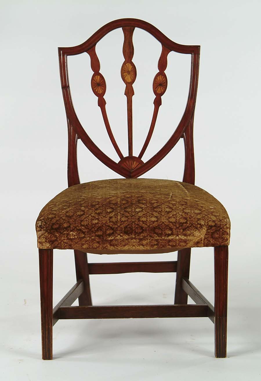 Appraisal: HEPPLEWHITE INLAID SHIELD BACK SIDE CHAIR Over upholstered seat with