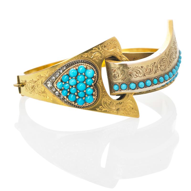 Appraisal: GOLD DIAMOND TURQUOISE GLASS LOVE-STRUCK BRACELET Condition Report Unrecognized mark