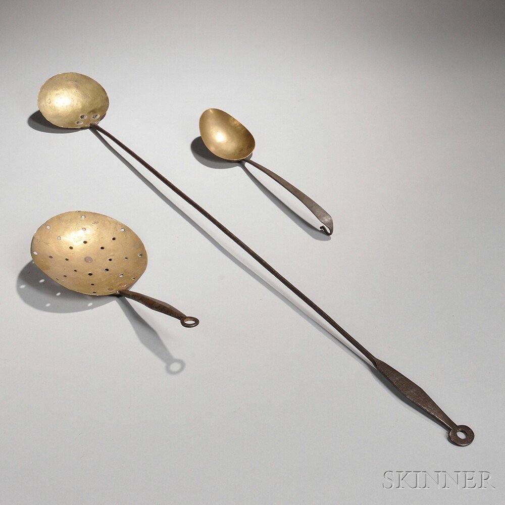 Appraisal: Brass and Wrought Iron Ladle Skimmer and Tasting Spoon America