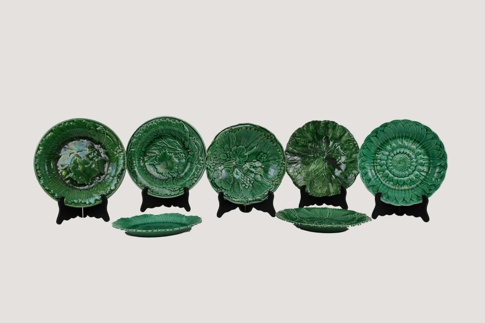 Appraisal: SEVEN GREEN MAJOLICA LEAF MOLDED PLATES th th Century One