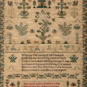 Appraisal: An English Needlework Embroidered Schoolgirl s Sampler Wrought by Harriot