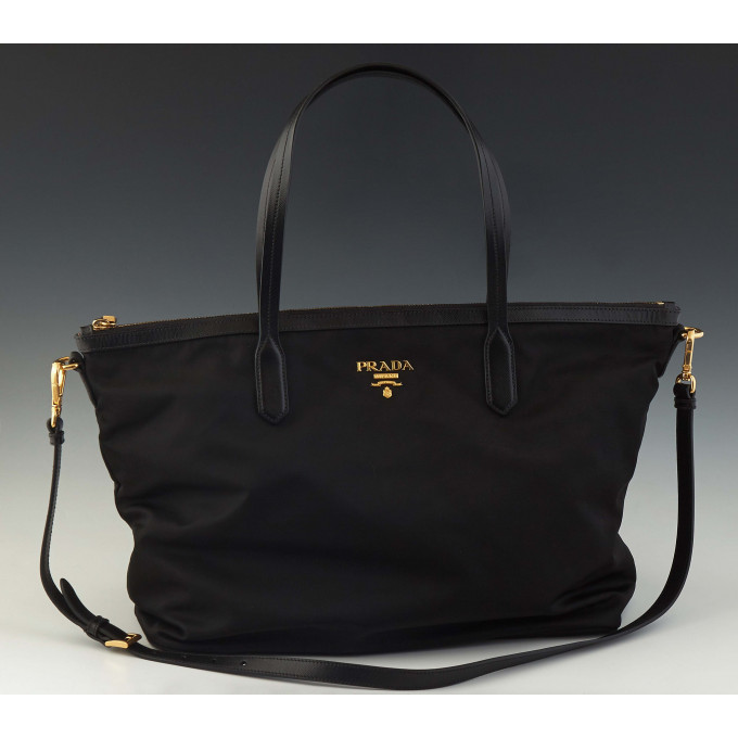 Appraisal: Prada Tote Bag in black nylon with black calf leather