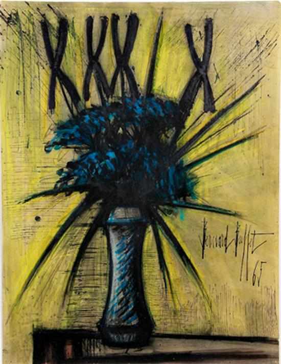 Appraisal: Bernard Buffet French - FLEURS BLEUE FOND JAUNE gouache on