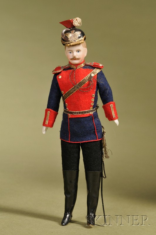 Appraisal: Dollhouse Doll Soldier Germany c tinted bisque shoulder head molded