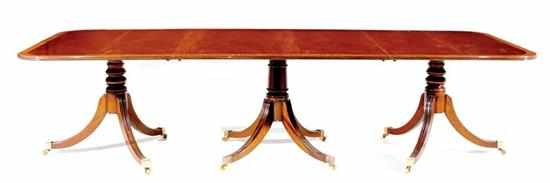 Appraisal: Inlaid mahogany triple-pedestal banquet table rectangular top with center section