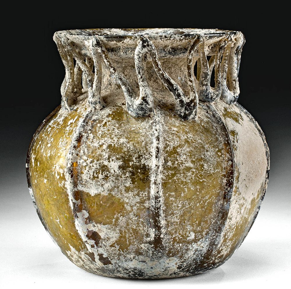 Appraisal: Impressive Roman Glass Jar Applied Rigaree Rome Imperial Period ca