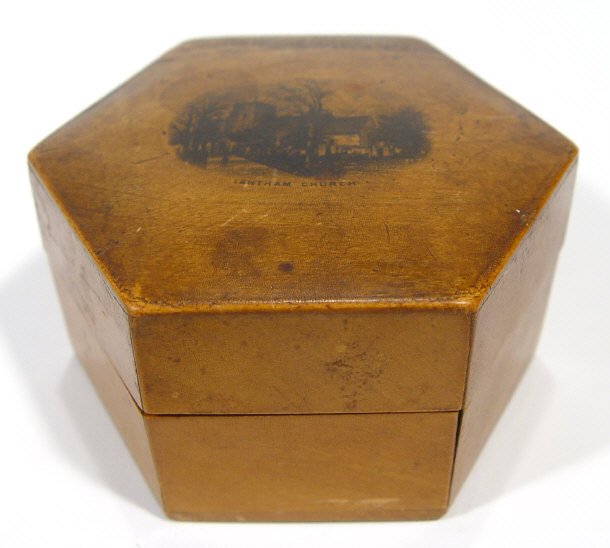 Appraisal: Hexagonal Mauchlin box and cover printed with 'Ightham Church' cm