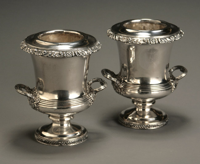 Appraisal: Pair of Sheffield Plate Wine Coolers Mid- th Century Each