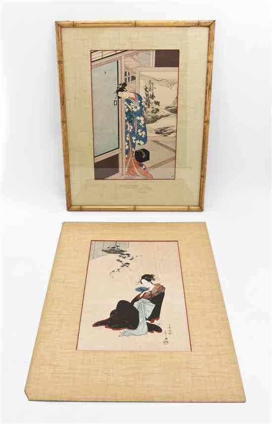 Appraisal: A Pair of Japanese Woodblock Prints depicting ladies one leaning