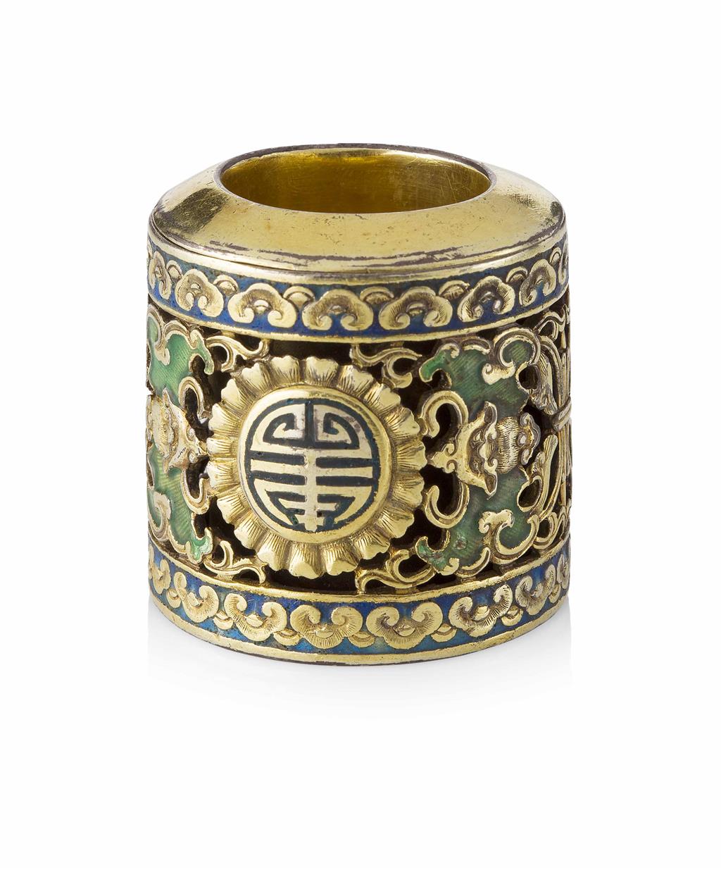 Appraisal: GILT BRONZE THUMB RING QING DYNASTY TH CENTURY of cylindrical