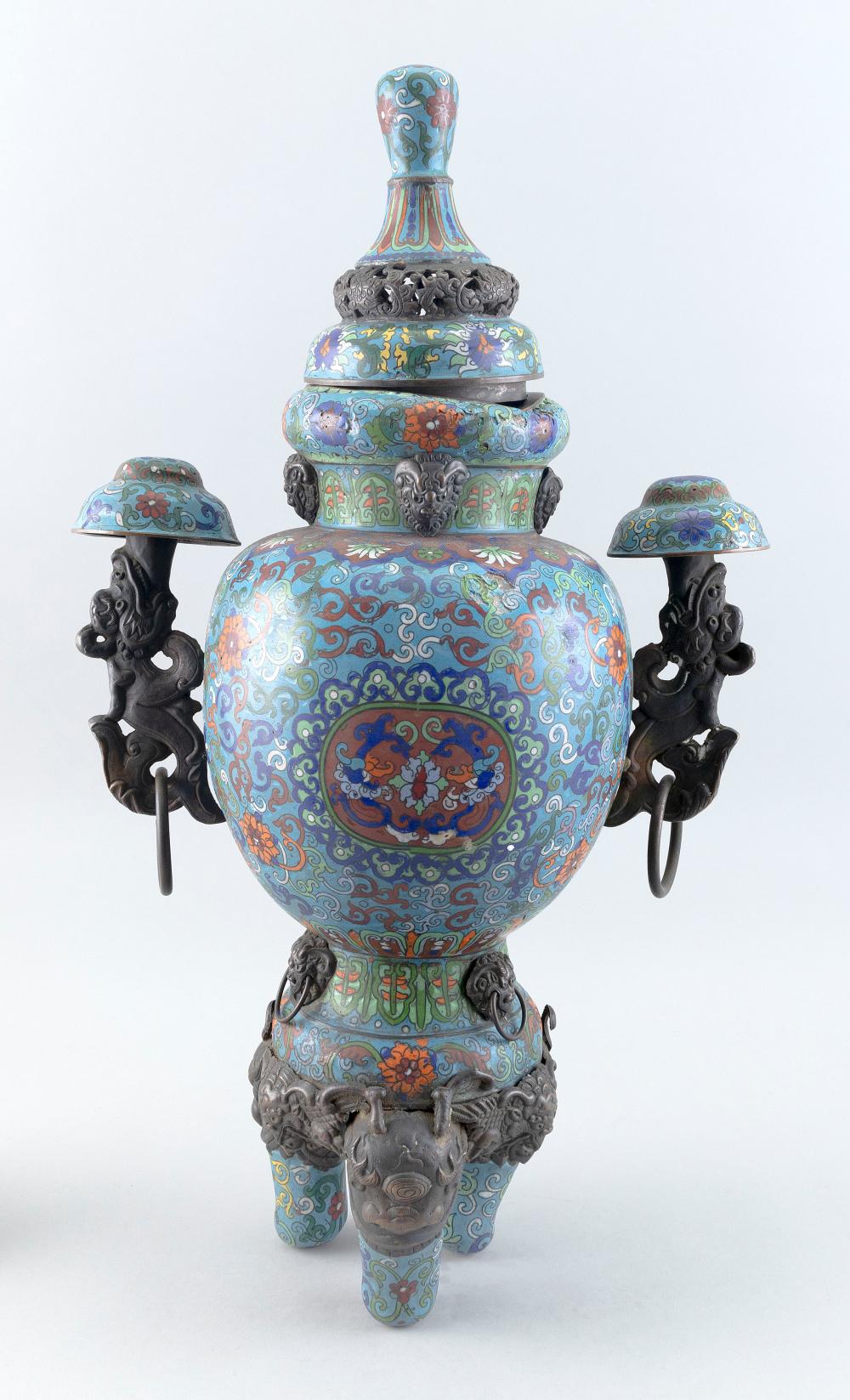 Appraisal: ORNATE CHINESE CLOISONNE ENAMEL AND METAL CENSER TH CENTURY HEIGHT