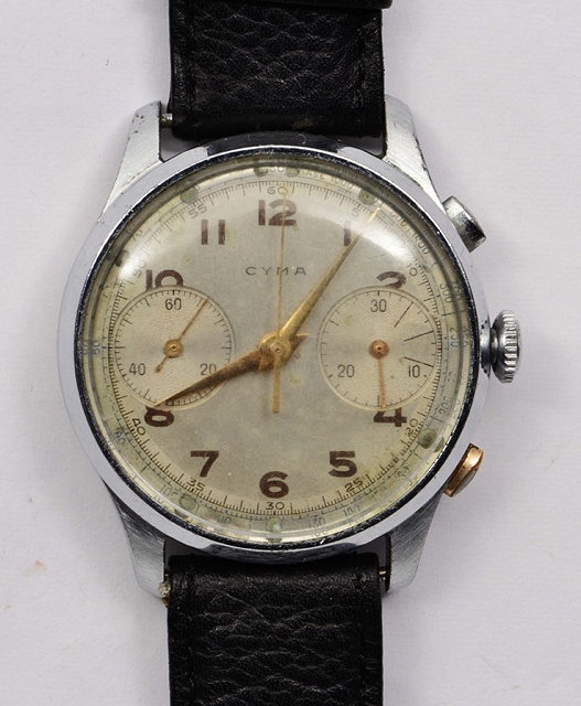 Appraisal: A CYMA STEEL CASED GENTS CHRONOGRAPH WRIST WATCH the silvered