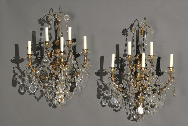 Appraisal: Pair of Louis XVI Style Bronze and Glass Five-Light Bras