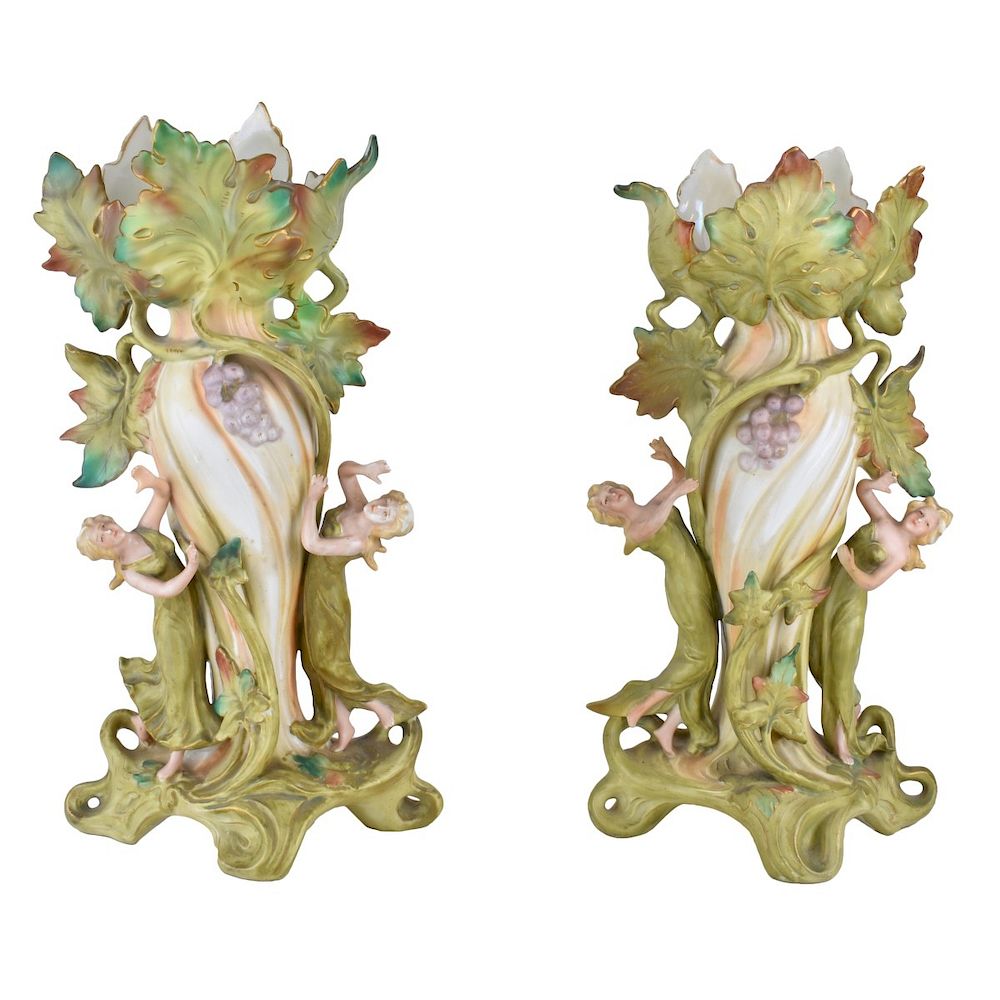 Appraisal: German Art Nouveau Figural Porcelain Vases German Art Nouveau Figural