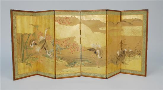 Appraisal: MINIATURE JAPANESE SIX FOLD TABLE SCREEN depicting cranes in a