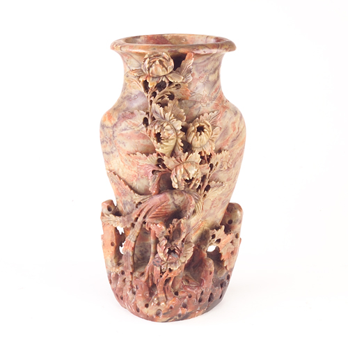 Appraisal: Asian soapstone vase with bird and floral relief carving Chips