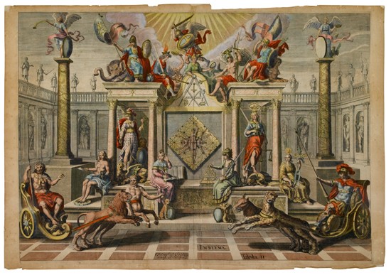 Appraisal: JODE GERARD and CORNELIS Emblemata Tabula II Hand-colored double-page allegorical