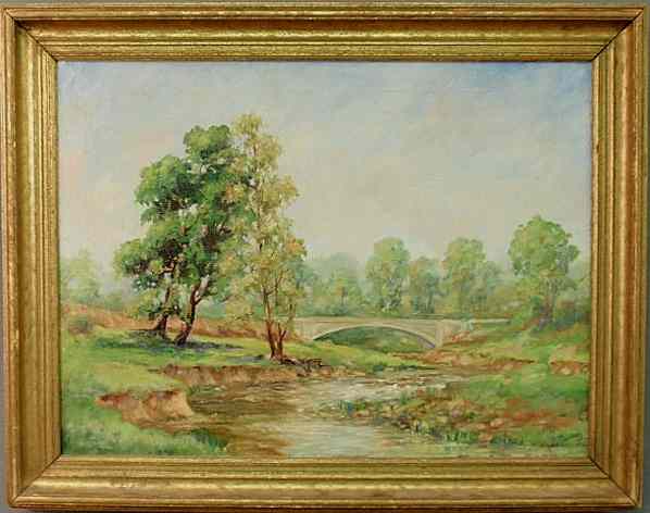 Appraisal: Oil on canvas landscape painting with bridge and stream signed