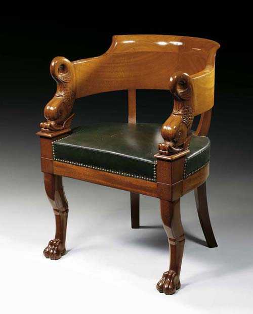 Appraisal: MAHOGANY BUREAU-FAUTEUIL AUX DAUPHINS Empire attributed to J B B