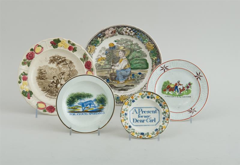 Appraisal: GROUP OF FOUR ENGLISH TRANSFER-PRINTED PEARLWARE CHILD'S PLATES AND A