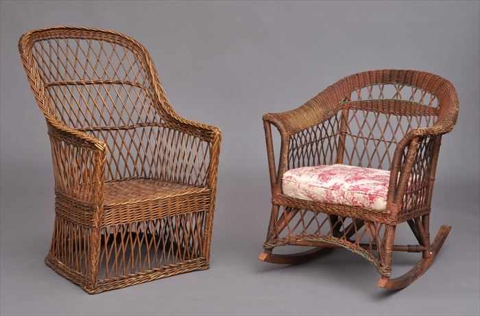 Appraisal: WILLOW ARMCHAIR AND A RATTAN ROCKING CHAIR Willow armchair labeled