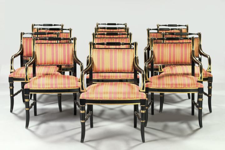 Appraisal: Suite of Twelve Gilt -Decorated Ebonized Armchairs in the Regency