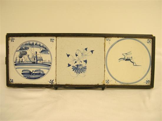 Appraisal: Three hand-decorated antique Dutch Delft architectural tiles from Friesland The