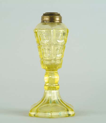 Appraisal: SANDWICH YELLOW GLASS WHALE OIL LAMP Tapered reservoir with six