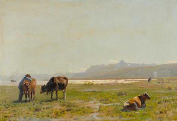 Appraisal: LUGARDON ALBERT Rome - Geneva Cows at the lakeside Oil