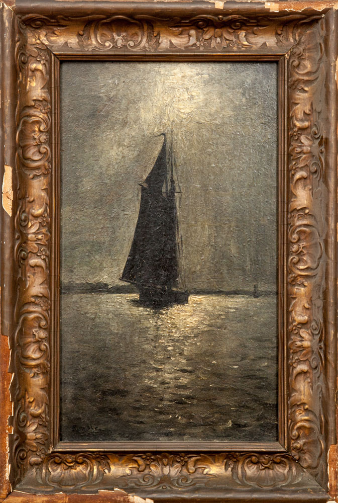 Appraisal: American School Sailboat Oil on paperboard indistinctly signed lower left